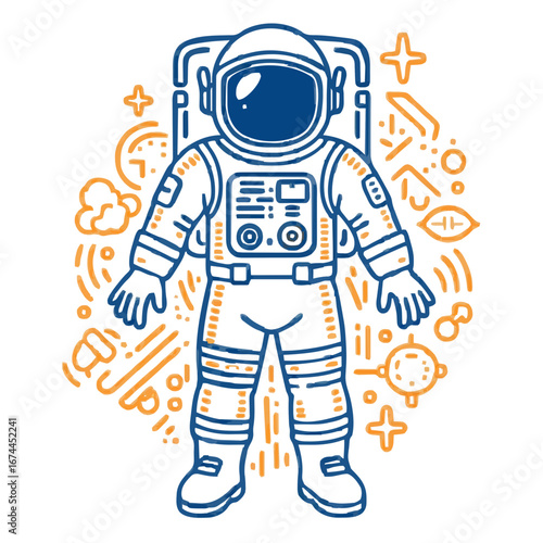 Astronaut in space suit standing against space doodles background -