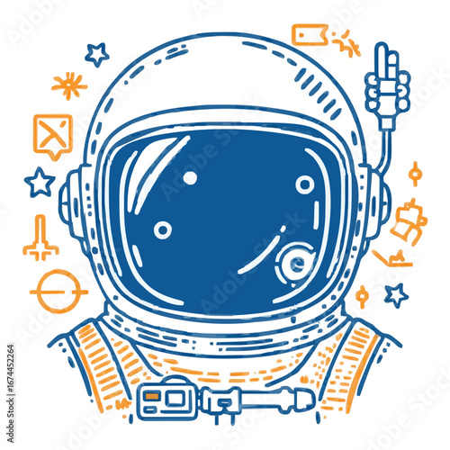 Astronaut smiling in space suit against doodle background -