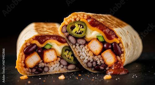 Spicy chipotle burrito stuffed with chipotle-marinated chicken, rice, beans, jalapeños, pepper jack cheese