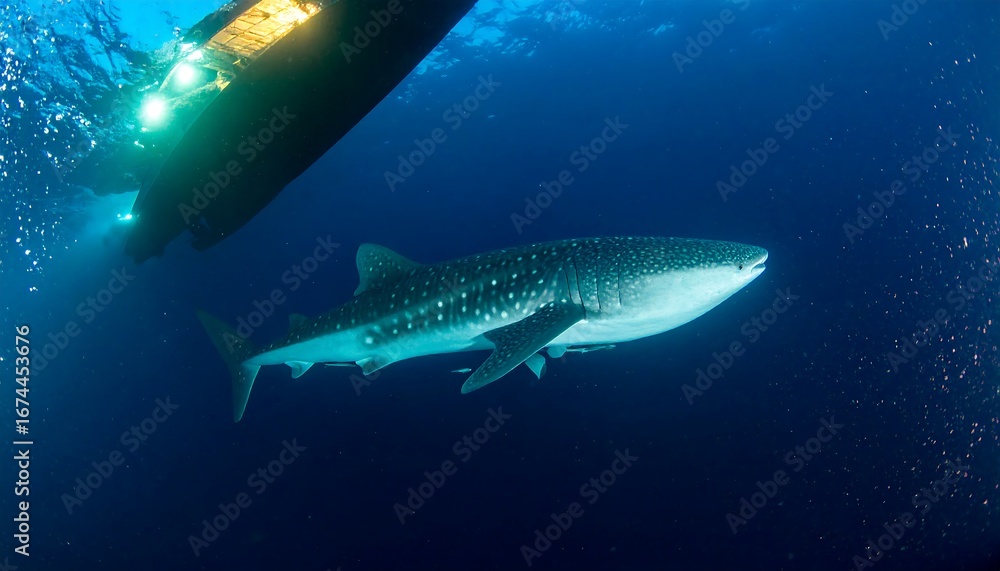 Naklejka premium Whale shark viewed from below in the deep blue ocean