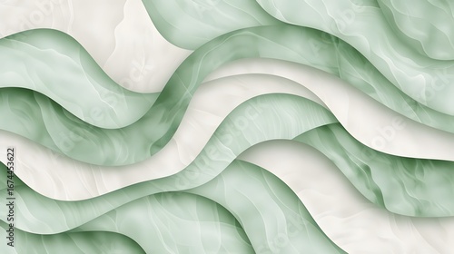 Abstract modern wavy background featuring layered paper cut style curves in shades of soft green and white creating a smooth fluid texture with depth and 3d effect shadows.