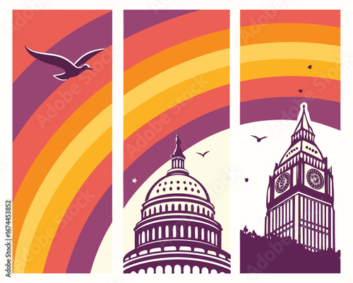 Colorful World Landmarks Collage featuring the United States Capitol and Big Ben with Rainbow Sky Design