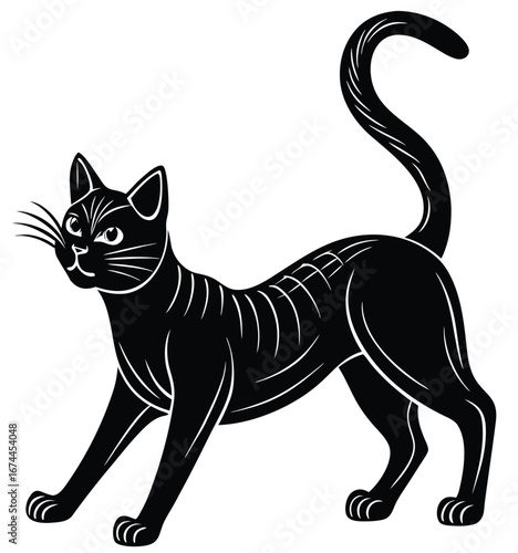 A simple vector illustration of a cute black cat silhouette with a long tail on a white background