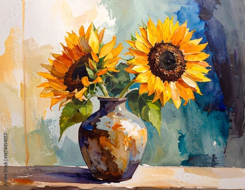 Watercolor still life of sunflowers in a vase