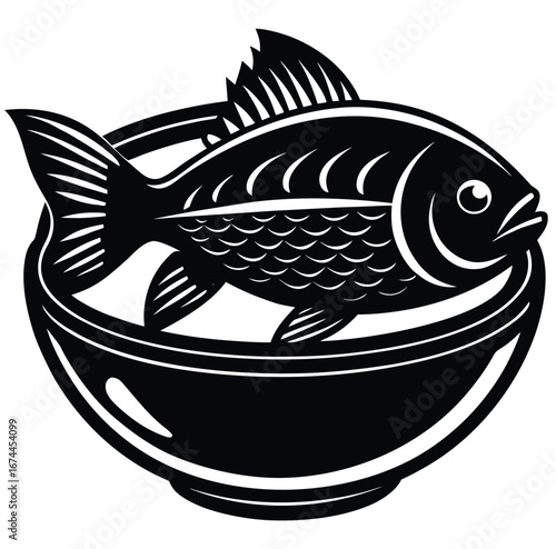 Cartoon vector illustration of a cartoon fish swimming in a glass bowl filled with water