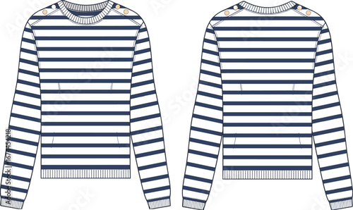 Striped crew neck sweater front and back, button shoulder detail, long sleeves, technical flat sketch, CAD drawing vector illustration