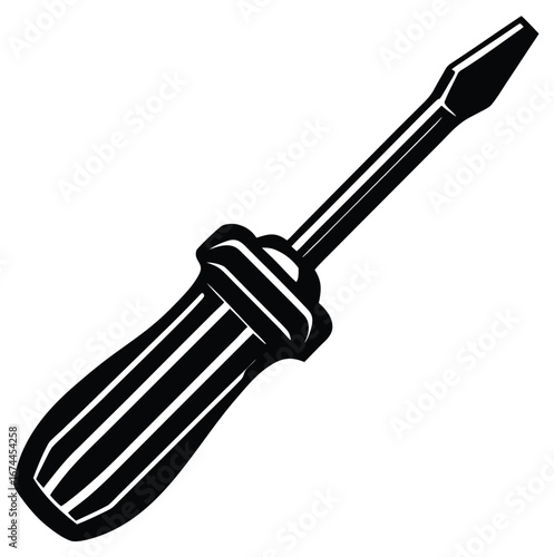 A single steel screwdriver with a sharp tip and a black plastic handle is isolated on a white background