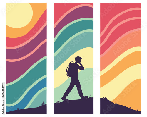 Colorful Abstract Hiking Adventure Vector Illustration Banner Set with Backpacker Silhouette and Wavy Background Patterns for Outdoor Activities and Travel
