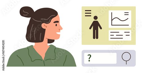 Woman studying graphical data and profile details while interacting with an analytic dashboard screen. Ideal for research, education, personal growth, technology, data insights, UX design, simple