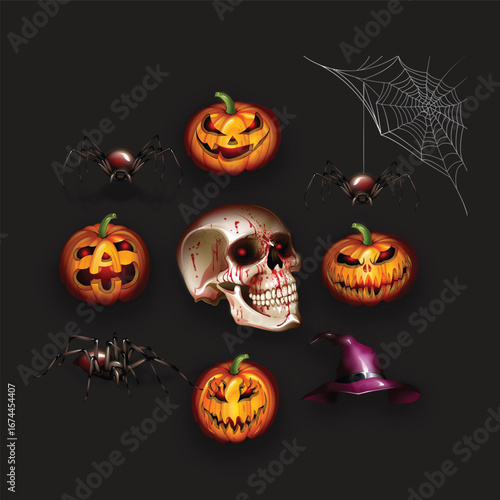Halloween Skull and Pumpkin Vector Set with Spiders and Witch Hat