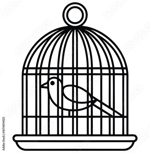 Isolated golden vintage birdcage with an open door and a pet bird