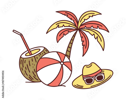 Vibrant summer beach vacation illustration with palm tree coconut drink beach ball and sun hat representing tropical holiday vibes and relaxation