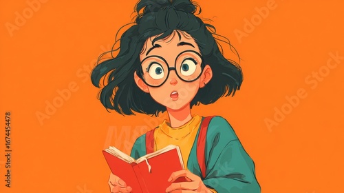 Young girl with glasses surprised while reading a book against vibrant orange background