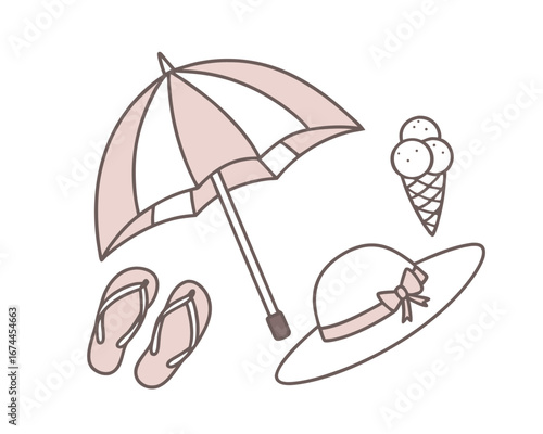 Minimalist beach vacation illustration featuring umbrella flip flops summer hat and ice cream cone on white background for summery feel