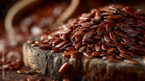 Close up of flaxseed scattered on wood surface showing organic seed texture earthy tones and high detail perfect for superfood visual health food or vegan ingredient styling