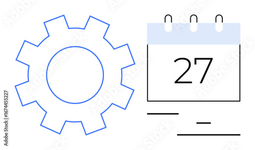 Blue gear next to a calendar with the number 27, portraying workflow, planning, and organization. Ideal for productivity, time management, task tracking, efficiency concepts, scheduling planning