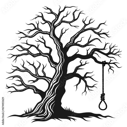 Barren Tree with Noose: Dark, Gothic, Hand-Drawn Illustration, Symbolic of Despair and Loss.