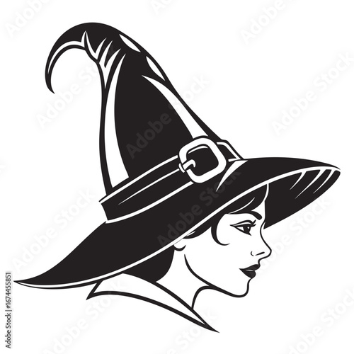 Elegant Witch Profile: Monochrome Halloween Illustration, Mystical and Mysterious