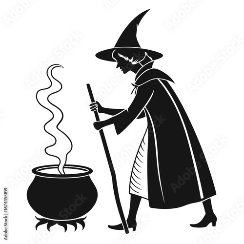 Silhouette Witch Stirring Cauldron:  Spooky, Monochrome Halloween Illustration, Vintage Style.