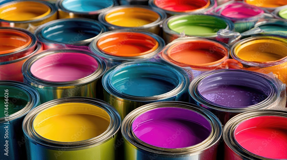 Fototapeta premium Close-up of many colorful paint cans. Various hues fill metal containers, closely packed. Shiny lids and vibrant colors