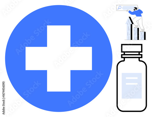 Blue medical cross, medicine bottle, and man analyzing data charts. Ideal for healthcare, medicine, research, data analysis, statistics, innovation pharmaceutical industry simple flat metaphor