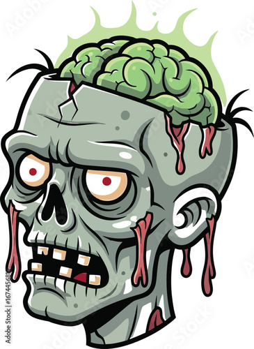 Cartoon zombie head with exposed brain and dripping blood in a vector illustration
