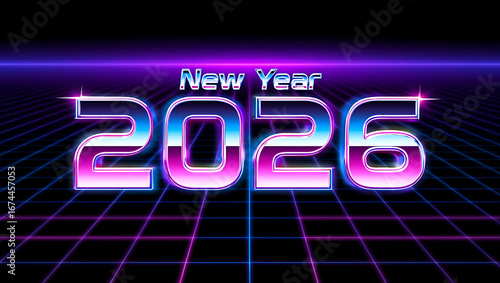 New Year 2026 retro grid neon glowing text celebration