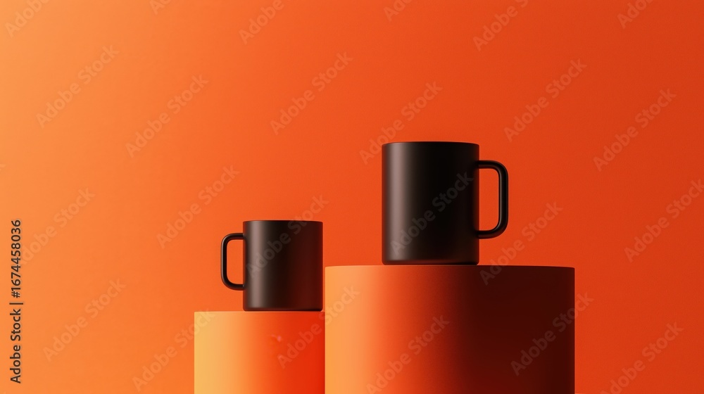 Minimalist product photography of black mugs and coffee cups on round pedestals.