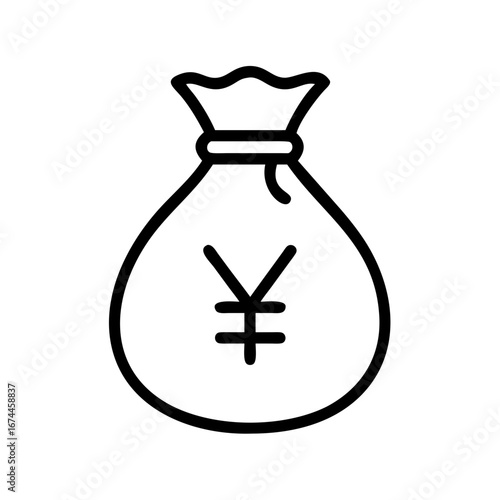 Minimalist black outline vector icon of a money bag with a yen symbol, representing finance, savings. Isolated on a transparent background