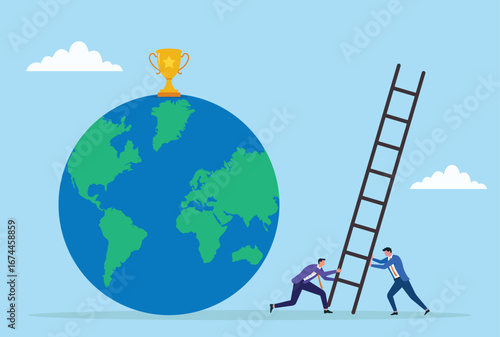 Vector illustration of two businessmen lifting a ladder to reach a trophy on top of the globe, symbolizing teamwork, ambition, and striving for global success
