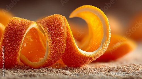 Close up of orange peel spiral curled on smooth surface with bright citrus color and textured skin detail representing freshness zest or food styling ingredient concept