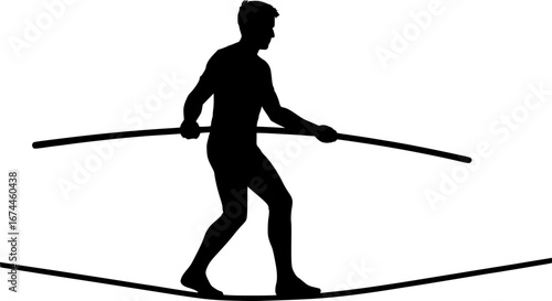 Black and white silhouette of a tightrope walker with a balancing pole, flat minimal vector style, perfect for circus, performance, and acrobatics illustrations