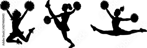 Black and white silhouettes of cheerleaders, flat minimal vector style, perfect for sports graphics, event logos, posters, and dance or team illustrations