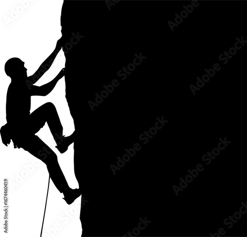 Black and white silhouette of a climber on a cliff face, flat minimal vector style, ideal for climbing graphics, adventure logos, and outdoor illustrations