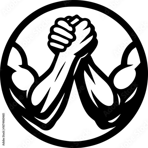 Black and white vector symbol of grip strength, arm wrestling metaphor, flat minimal style, perfect for fitness graphics, strength logos, and athletic illustrations