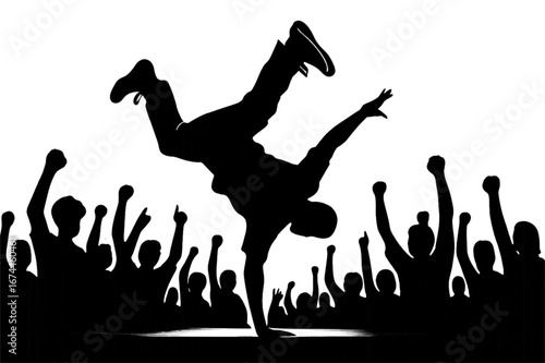 Black and white silhouette of a breakdance crowd cheering, flat vector style, perfect for dance event graphics, urban culture logos, posters, and illustrations