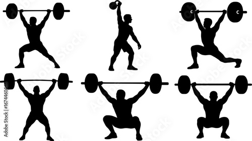 Set of 6 weightlifting vector silhouettes: athletes lifting barbells, training, and competing. Perfect for sports, fitness, and strength illustrations