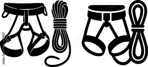 Black and white vector silhouettes of a climbing harness and rope, flat minimal style, perfect for climbing graphics, outdoor adventure logos, and safety illustrations