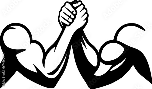 Black and white vector symbol of grip strength, arm wrestling metaphor, flat minimal style, perfect for fitness graphics, strength logos, and athletic illustrations