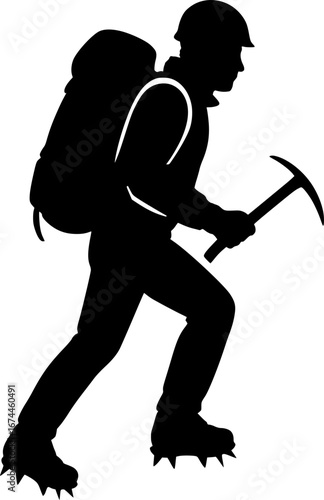 Black and white vector silhouette of an alpinist with backpack, flat minimal style, perfect for climbing graphics, outdoor adventure logos, and exploration illustrations