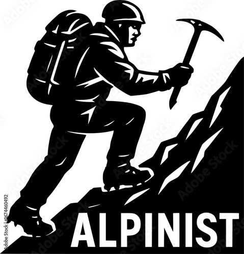 Black and white vector silhouette of an alpinist with a backpack, flat minimal style, perfect for climbing graphics, outdoor adventure logos, and exploration illustrations