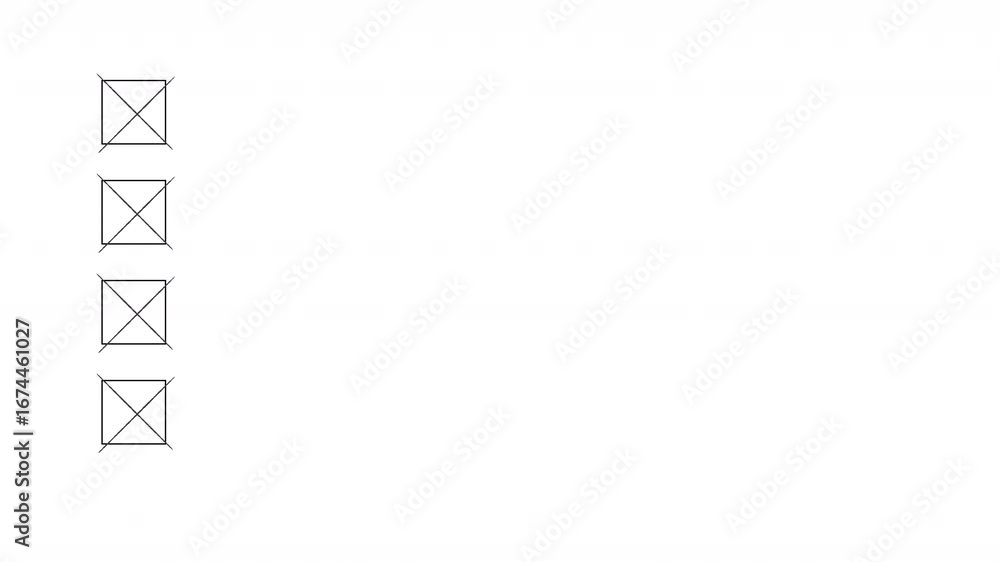 four Bullet point multiple choice checklist presentation boxes with thin animated hand drawn black crosses  on a plain simple white background 4K