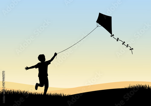 Silhouette of child with kite on hill vector drawing
