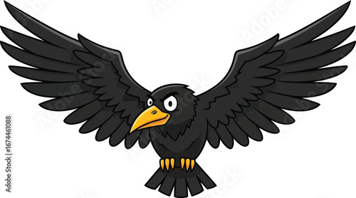 Cartoon crow with spread wings and angry expression isolated on a white background