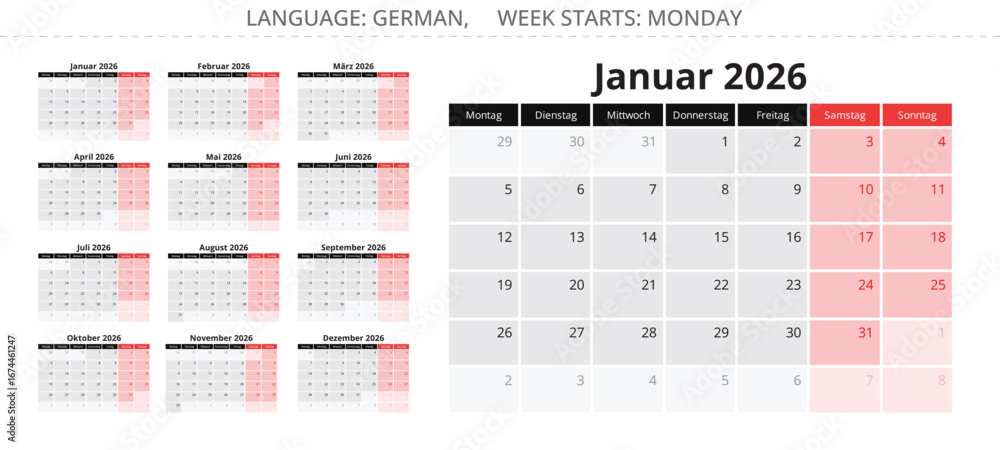 German calendar 2026, set of 12 month - Kalender. illustration for Germany