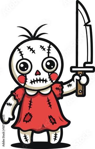 Creepy voodoo doll with a red dress holds a knife isolated on a white background