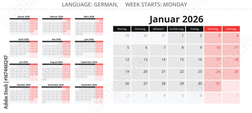 German calendar 2026, set of 12 month - Kalender. illustration for Germany