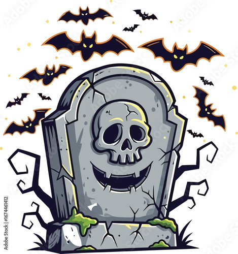 Spooky halloween tombstone with bats flying around in a cartoon vector style