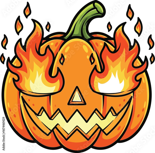 Flaming halloween pumpkin with a scary face and fire eyes on a white background