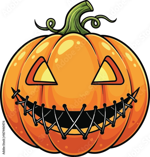 Cartoon halloween pumpkin with stitched mouth and triangle eyes on white background